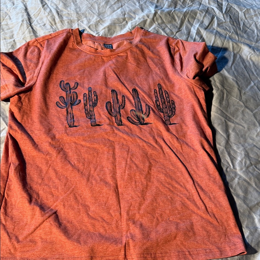 SHEIN Orange Short Sleeve Tee with Cactus Graphic
